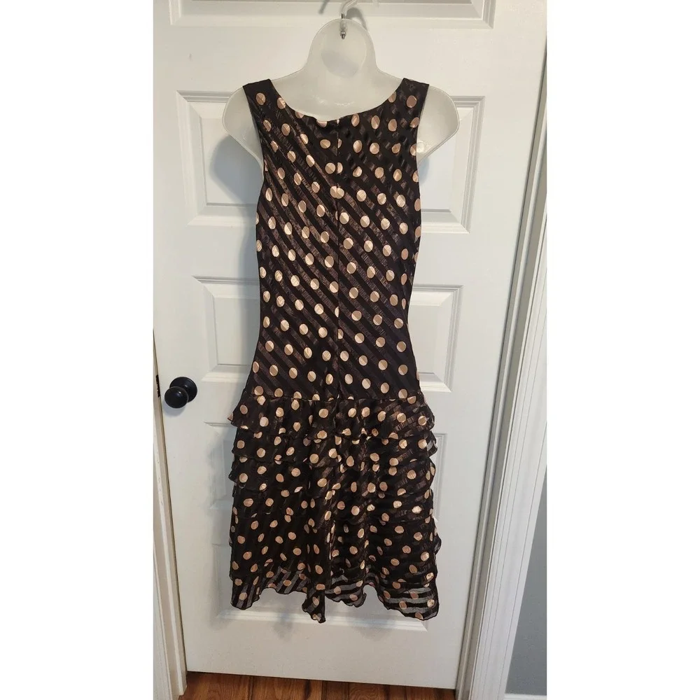 Vtg Joseph Ribkoff Size 8 Brown Polka Dot Sheath Dress Tiered Ruffles Cowl Neck - Picture 7 of 11